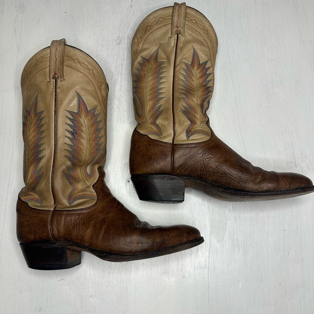Tony Lama Boots Men's 9 D Brown Leather Rainbow Stitching Aztec Western 6186 Vtg - Picture 4 of 11